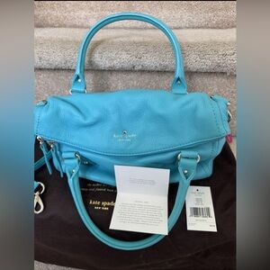 $348 orginal Kate Spade Turquoise Satchel Crossbody Bag Lt gold hardware